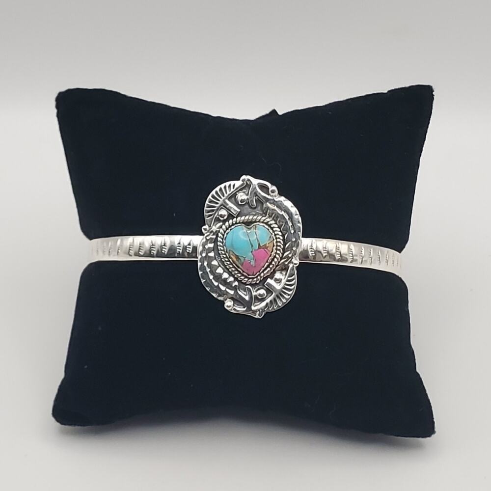 Native Inspired Cotton Candy Turquoise Heart Cuff Bracelet Sterling Silver 925